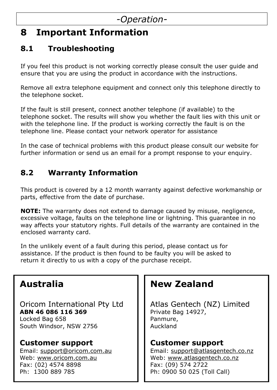 8 important information, 1 troubleshooting, 2 warranty information | Operation- 8 important information, Australia new zealand | Oricom TP29 User Manual | Page 19 / 19