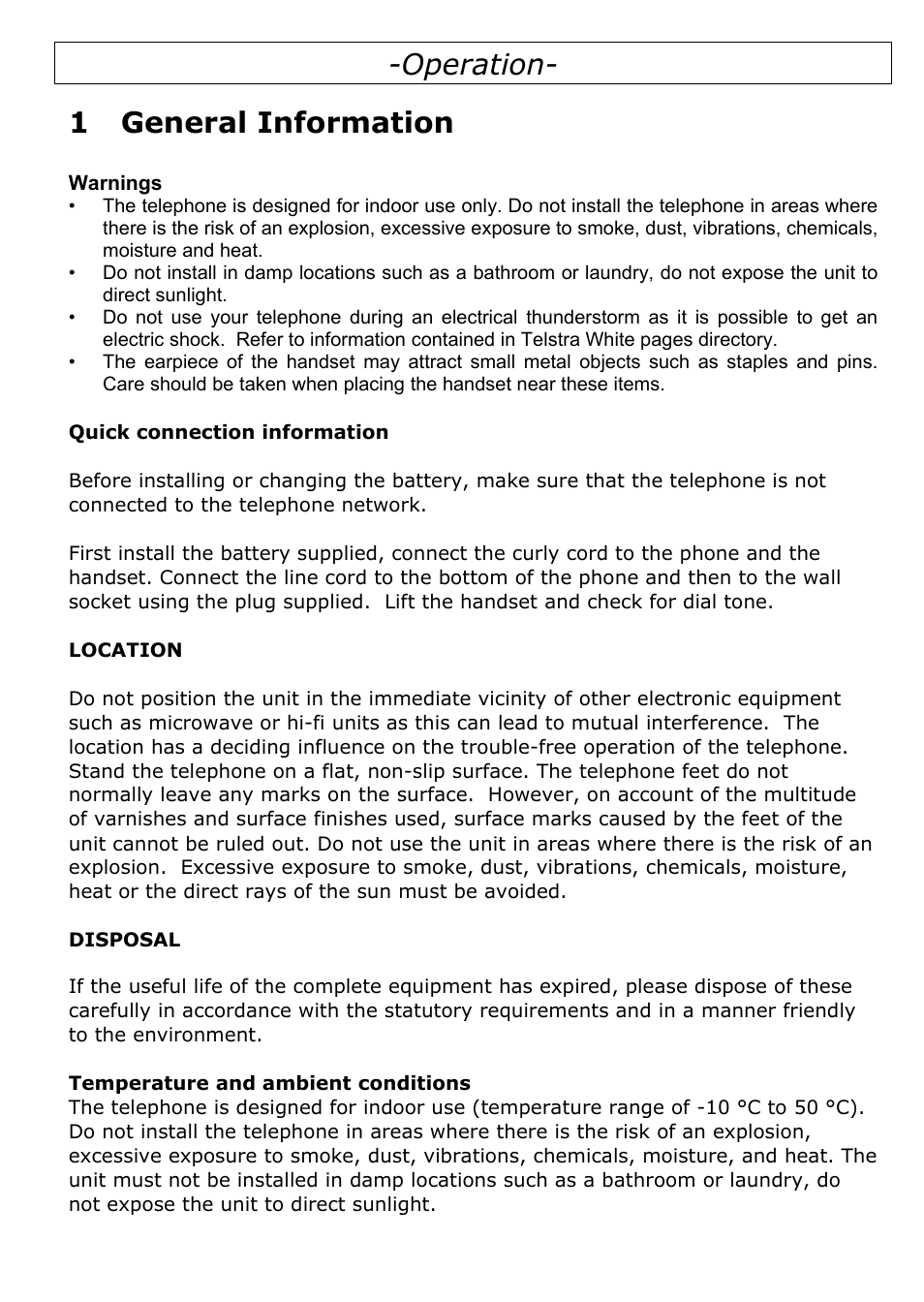 1 general information, Operation- 1 general information | Oricom TP29 User Manual | Page 3 / 19