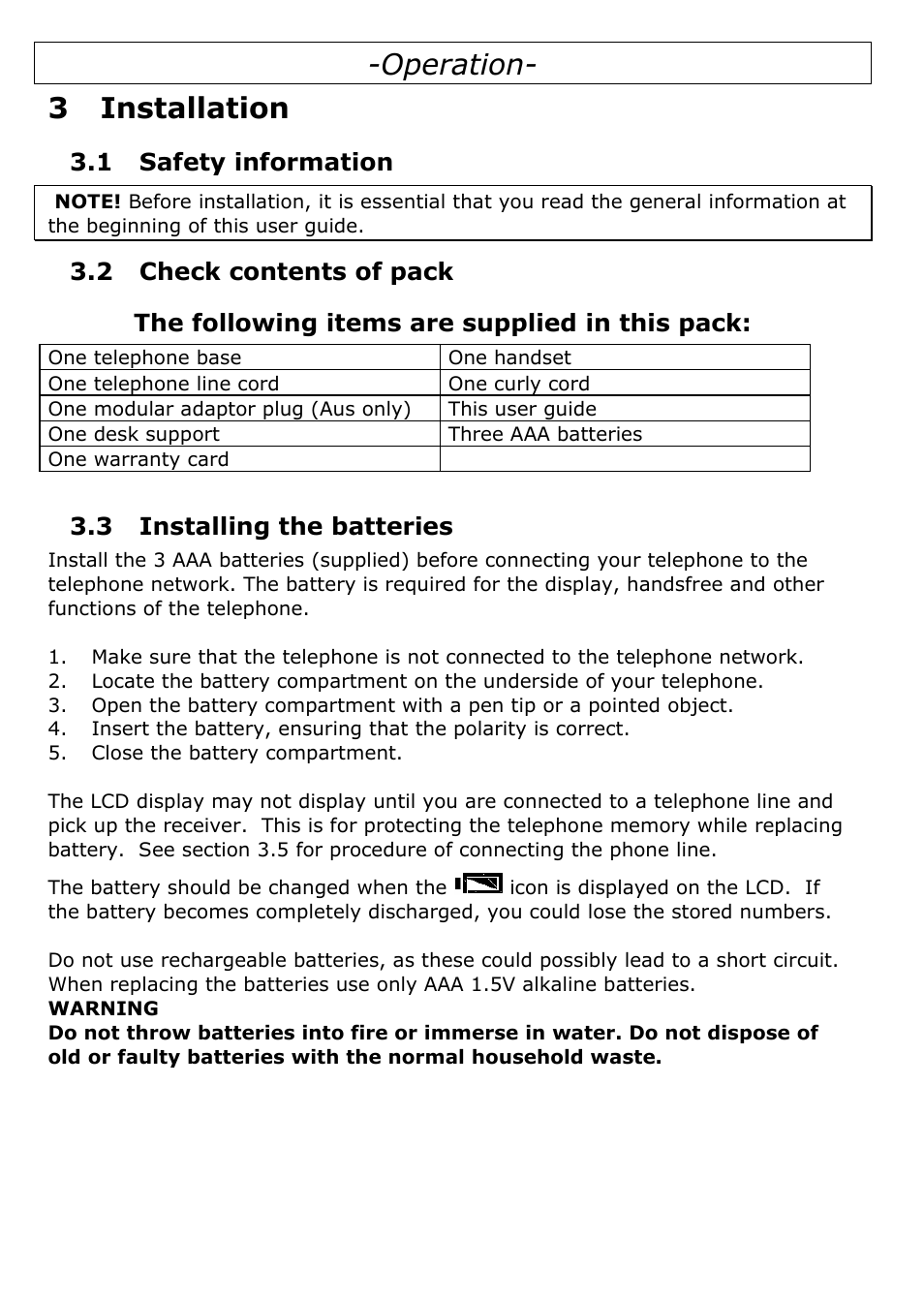 3 installation, 1 safety information, 2 check contents of pack | The following items are supplied in this pack, 3 installing the batteries, Operation- 3 installation | Oricom TP29 User Manual | Page 6 / 19