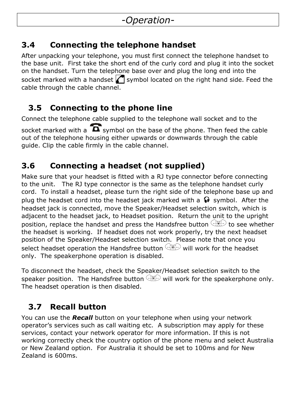 4 connecting the telephone handset, 5 connecting to the phone line, 6 connecting a headset (not supplied) | 7 recall button, Operation | Oricom TP29 User Manual | Page 7 / 19