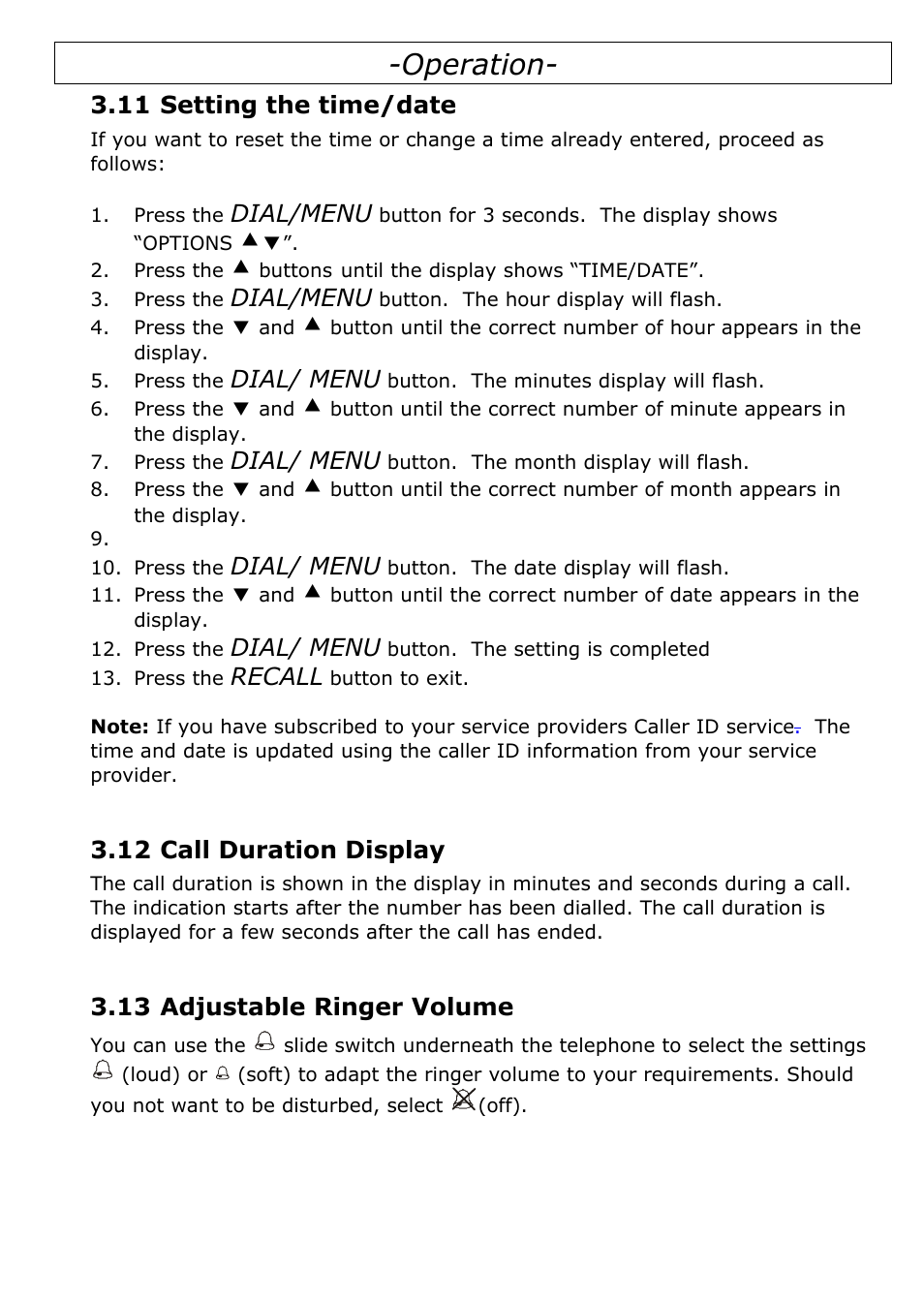 11 setting the time/date, 12 call duration display, 13 adjustable ringer volume | Operation, Dial/menu, Dial/ menu, Recall | Oricom TP29 User Manual | Page 9 / 19
