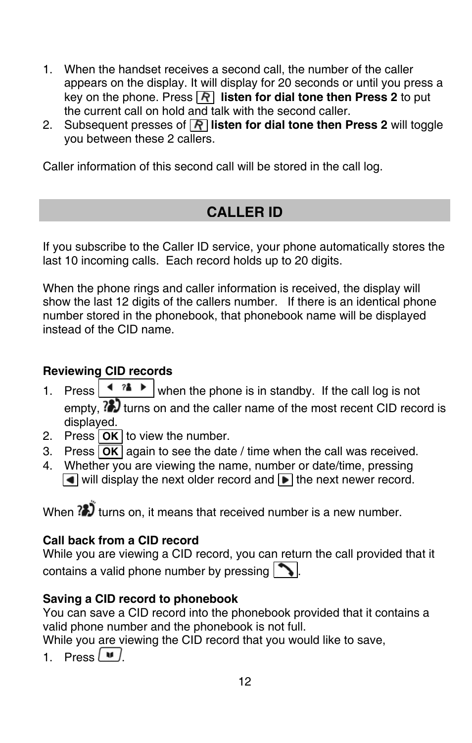 Caller id | Oricom P80 User Manual | Page 12 / 23