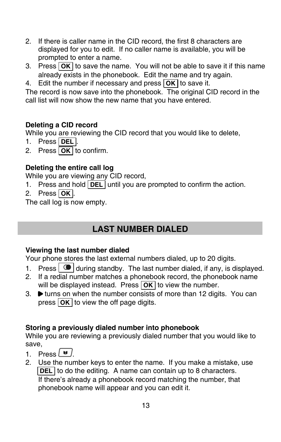 Last number dialed | Oricom P80 User Manual | Page 13 / 23