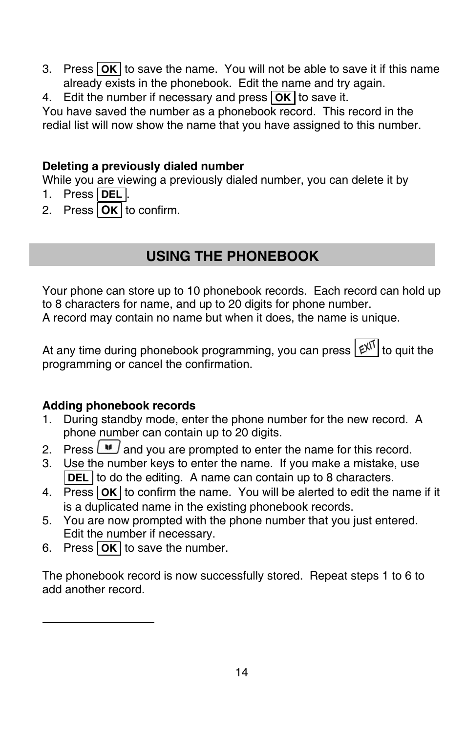 Using the phonebook | Oricom P80 User Manual | Page 14 / 23
