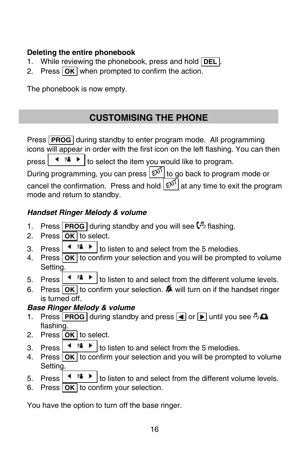 Programming the phone, Customising the phone | Oricom P80 User Manual | Page 16 / 23