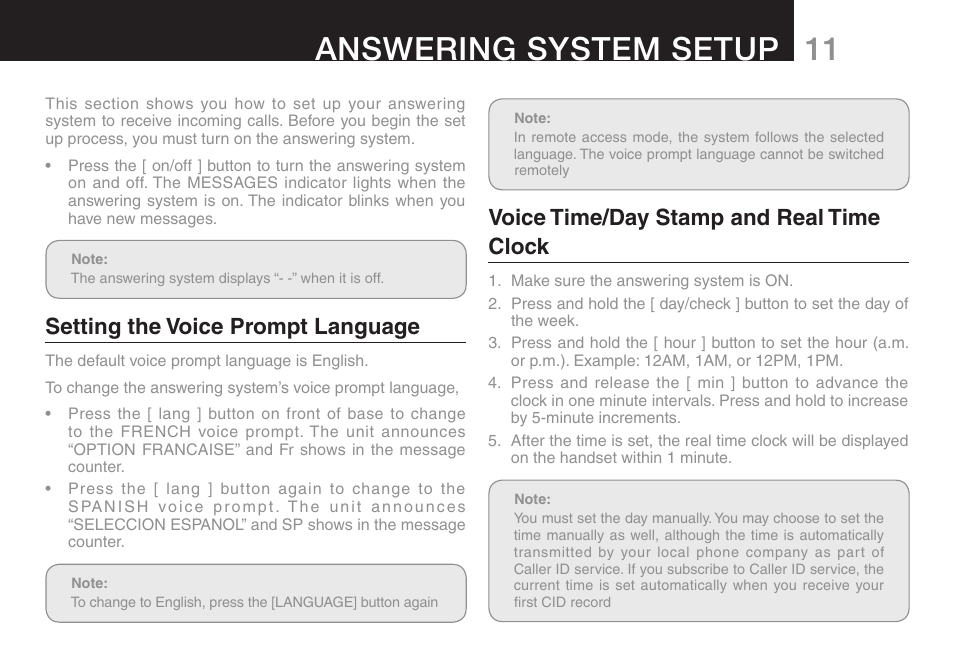 11 answering system setup, Setting the voice prompt language, Voice time/day stamp and real time clock | Oricom ULTRA 9400 User Manual | Page 13 / 48