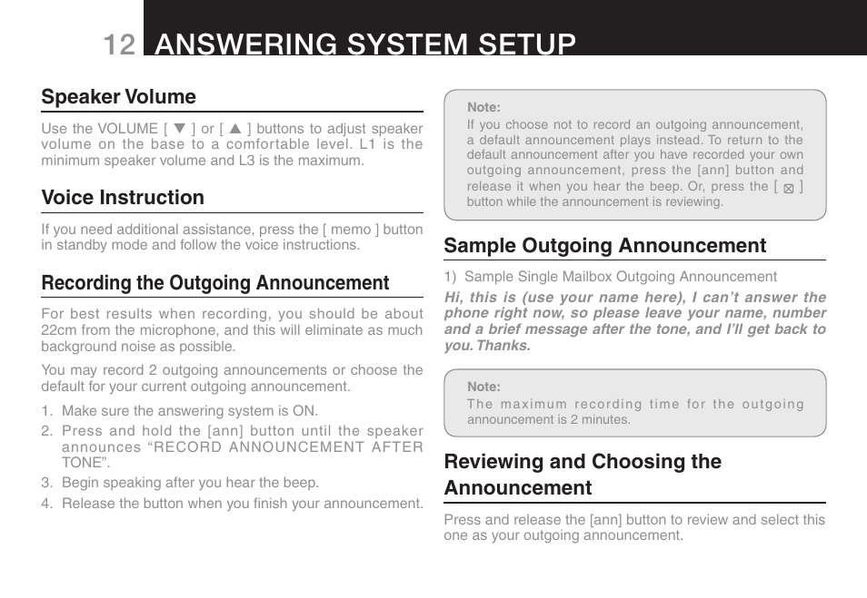 12 answering system setup, Speaker volume, Voice instruction | Recording the outgoing announcement, Sample outgoing announcement, Reviewing and choosing the announcement | Oricom ULTRA 9400 User Manual | Page 14 / 48