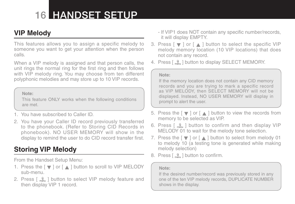 Handset setup, Vip melody, Storing vip melody | Oricom ULTRA 9400 User Manual | Page 18 / 48