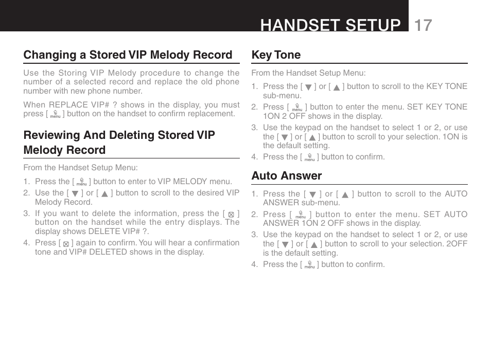 Handset setup, Changing a stored vip melody record, Reviewing and deleting stored vip melody record | Key tone, Auto answer | Oricom ULTRA 9400 User Manual | Page 19 / 48