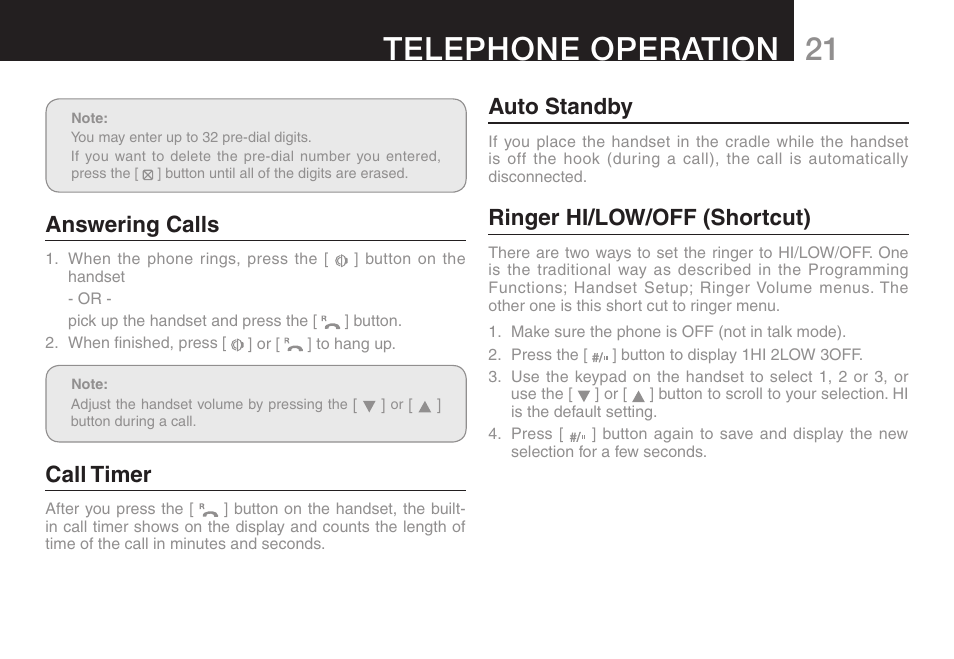 Telephone operation, Answering calls, Call timer | Auto standby, Ringer hi/low/off (shortcut) | Oricom ULTRA 9400 User Manual | Page 23 / 48