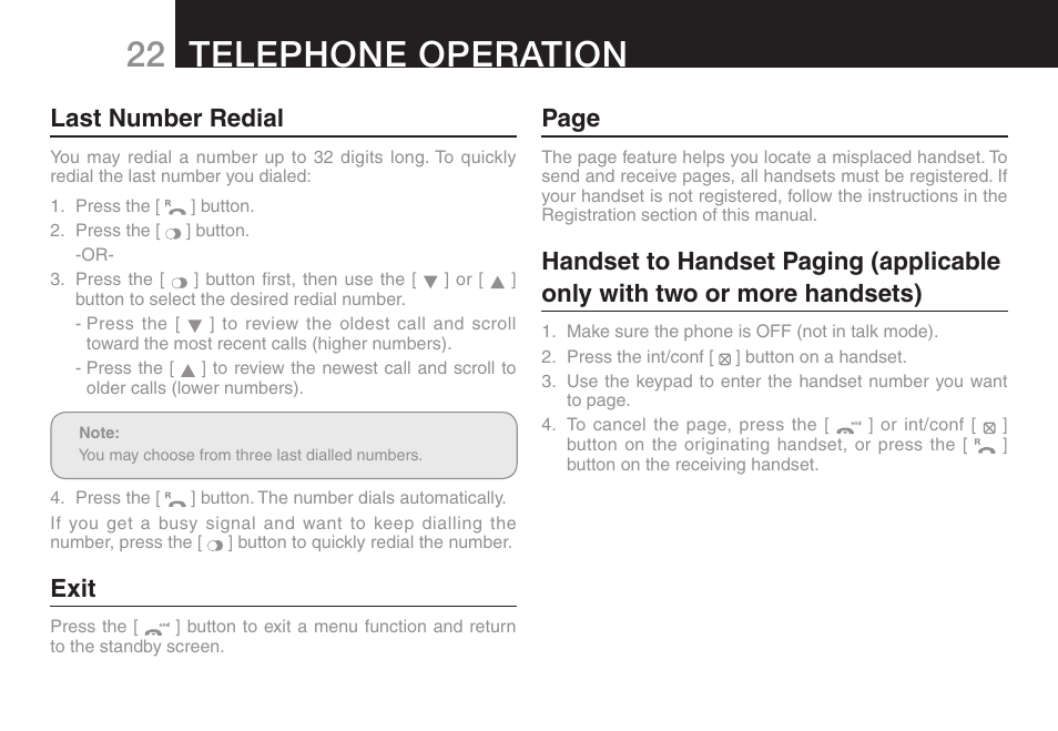 Telephone operation, Last number redial, Exit | Page | Oricom ULTRA 9400 User Manual | Page 24 / 48