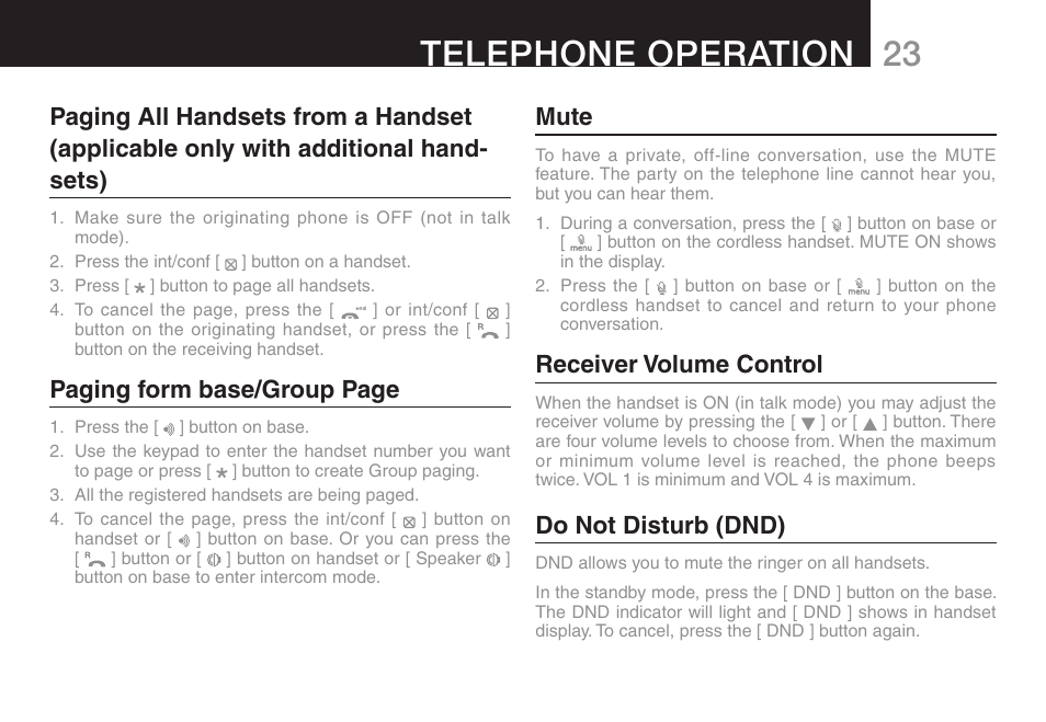 Telephone operation, Paging form base/group page, Mute | Receiver volume control, Do not disturb (dnd) | Oricom ULTRA 9400 User Manual | Page 25 / 48