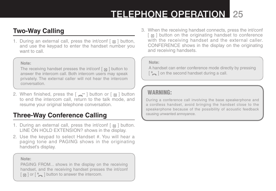 Telephone operation, Two­way calling, Three­way conference calling | Warning | Oricom ULTRA 9400 User Manual | Page 27 / 48