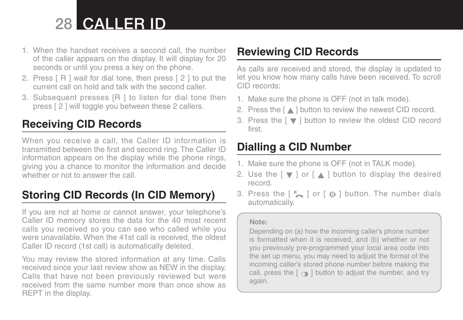 28 caller id, Receiving cid records, Reviewing cid records | Dialling a cid number | Oricom ULTRA 9400 User Manual | Page 30 / 48