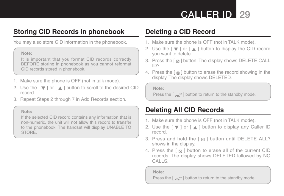 29 caller id, Storing cid records in phonebook, Deleting a cid record | Deleting all cid records | Oricom ULTRA 9400 User Manual | Page 31 / 48