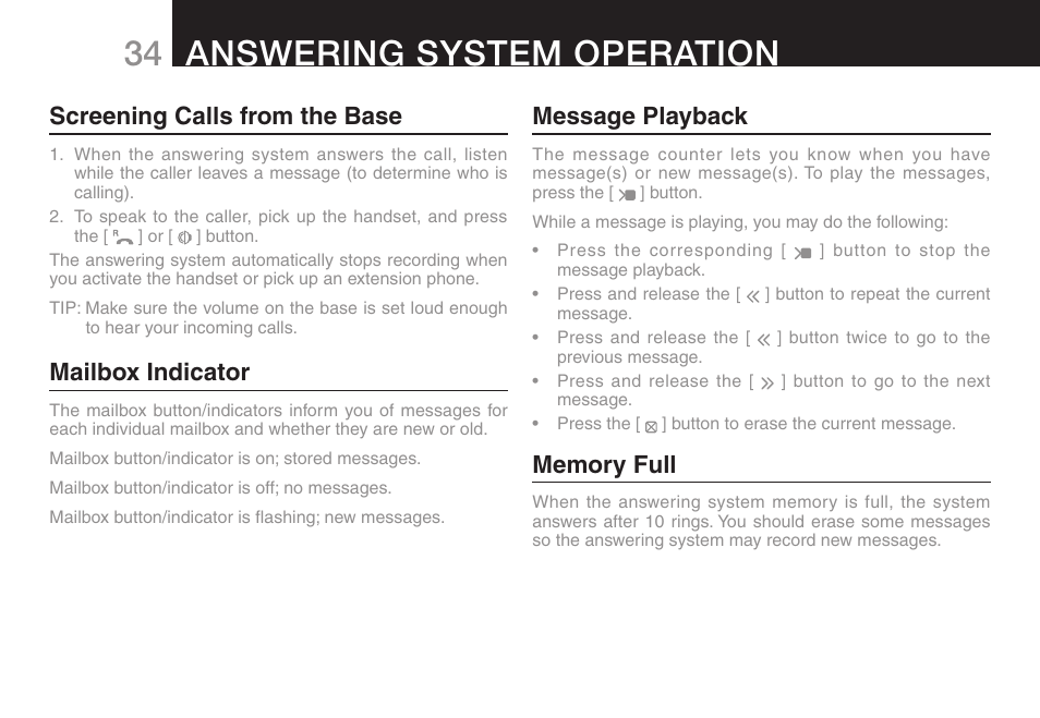 Answering system operation, Screening calls from the base, Mailbox indicator | Message playback | Oricom ULTRA 9400 User Manual | Page 36 / 48