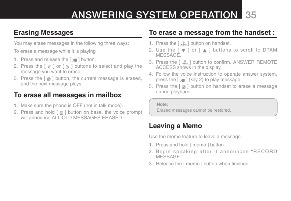 Answering system operation, Erasing messages | Oricom ULTRA 9400 User Manual | Page 37 / 48