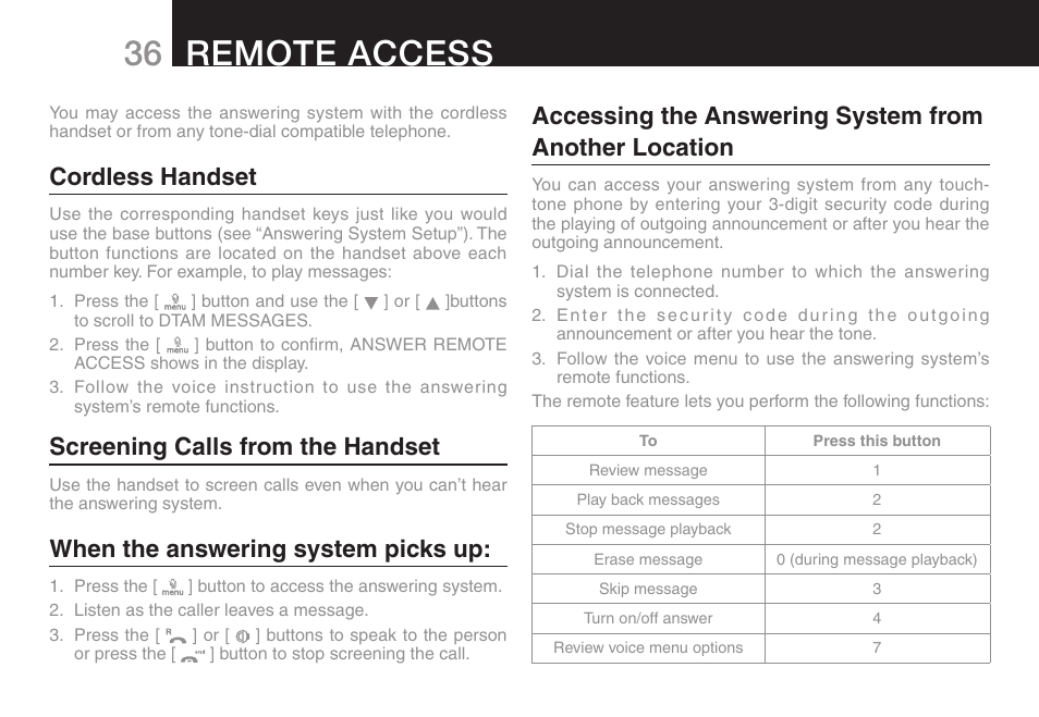 Remote access, Cordless handset, Screening calls from the handset | When the answering system picks up | Oricom ULTRA 9400 User Manual | Page 38 / 48