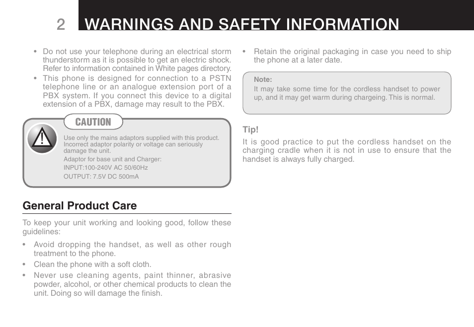 2warnings and safety information, Caution general product care | Oricom ULTRA 9400 User Manual | Page 4 / 48