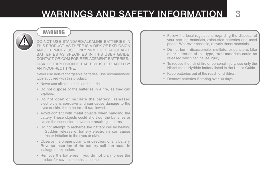 3warnings and safety information, Warning | Oricom ULTRA 9400 User Manual | Page 5 / 48