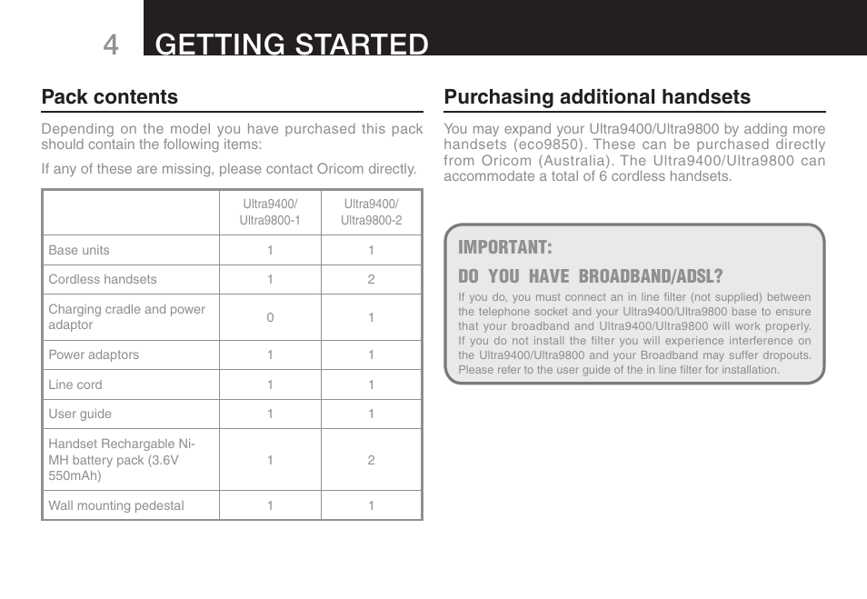 Getting started, Pack contents, Important: do you have broadband/adsl | Purchasing additional handsets | Oricom ULTRA 9400 User Manual | Page 6 / 48