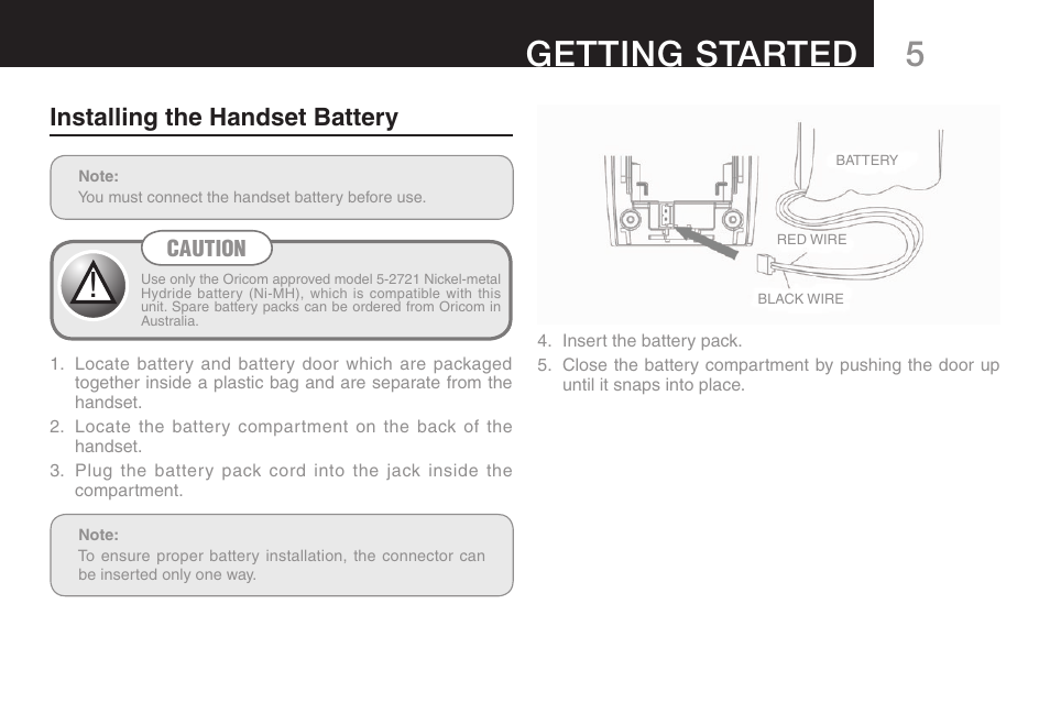 Getting started, Installing the handset battery, Caution | Oricom ULTRA 9400 User Manual | Page 7 / 48