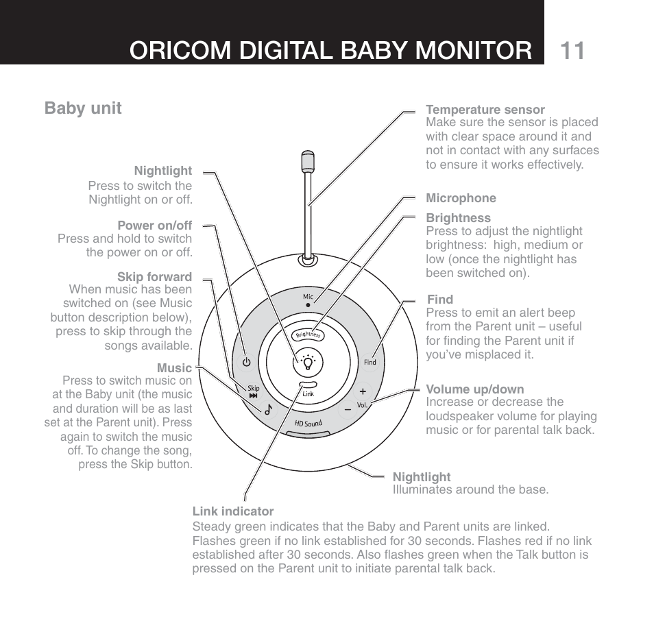 Oricom digital baby monitor, Baby unit | Oricom SECURE 510 User Manual | Page 11 / 46