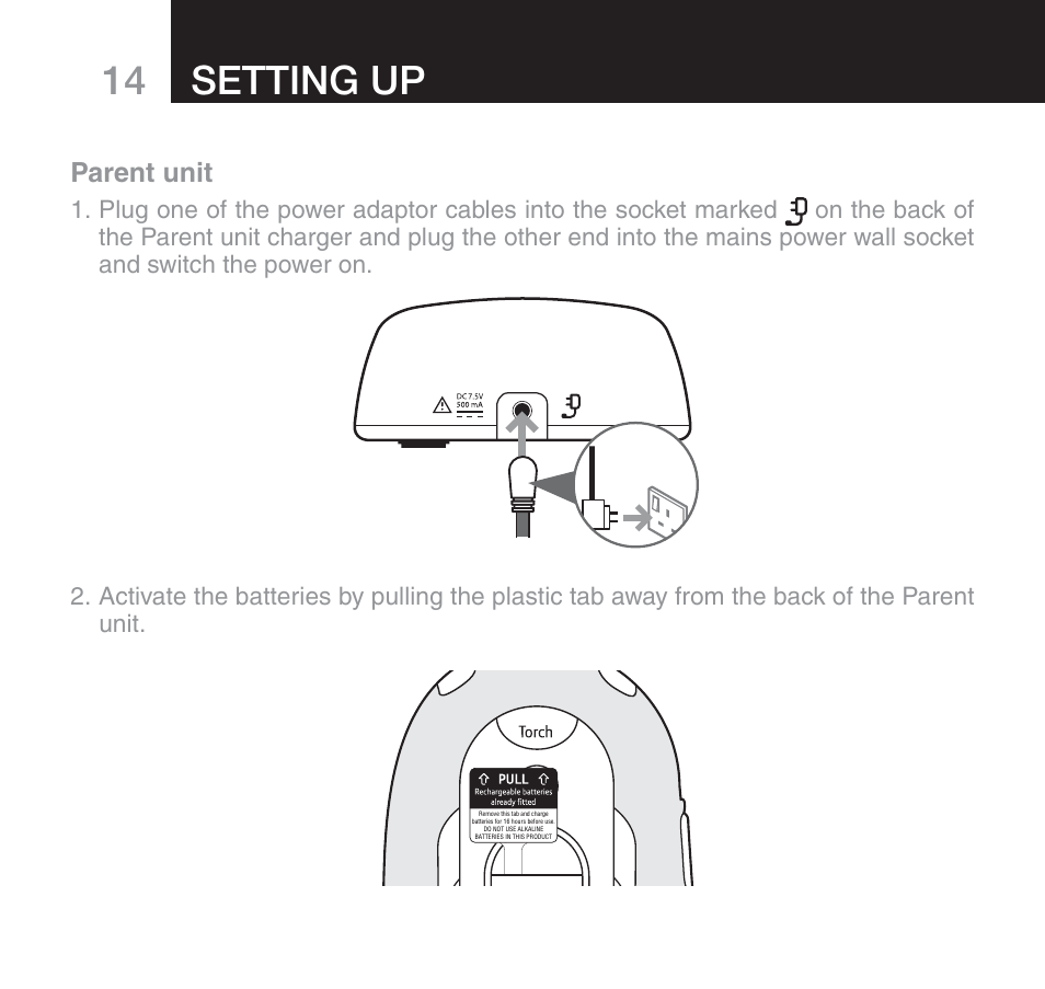 14 setting up, Parent unit | Oricom SECURE 510 User Manual | Page 14 / 46