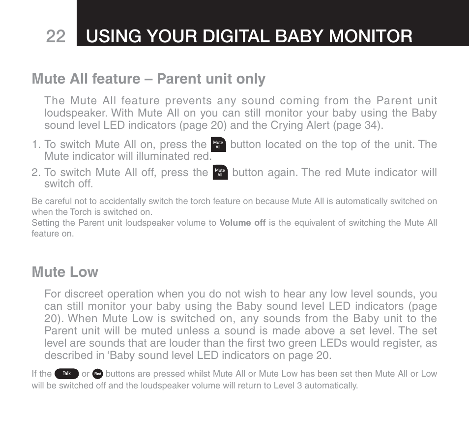 Using your digital baby monitor, Mute all feature – parent unit only, Mute low | Oricom SECURE 510 User Manual | Page 22 / 46