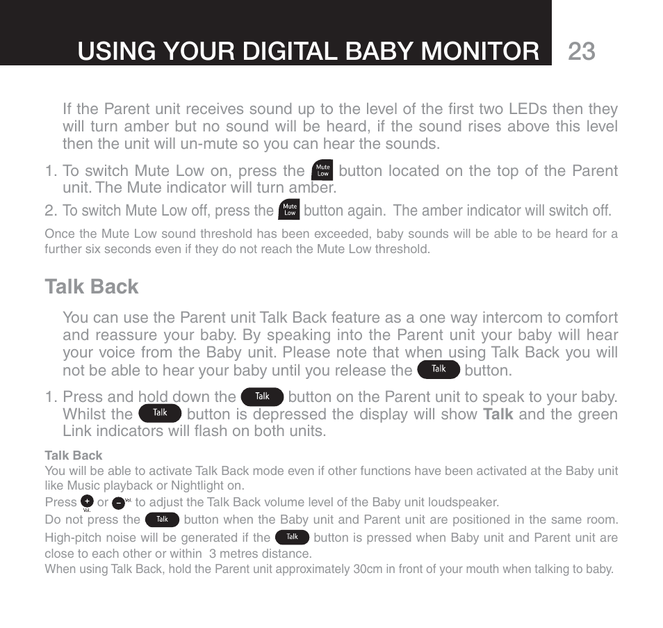 Using your digital baby monitor, Talk back | Oricom SECURE 510 User Manual | Page 23 / 46