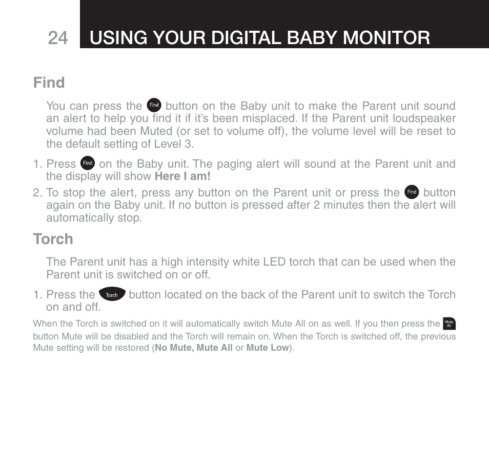 Using your digital baby monitor, Find, Torch | Oricom SECURE 510 User Manual | Page 24 / 46