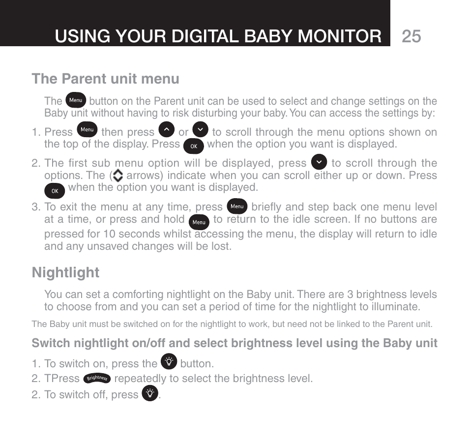 Using your digital baby monitor, The parent unit menu, Nightlight | Oricom SECURE 510 User Manual | Page 25 / 46