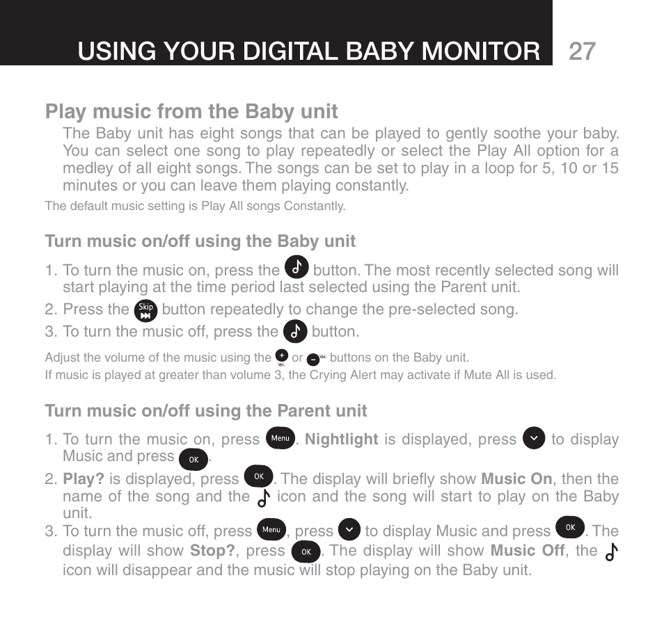 Using your digital baby monitor, Play music from the baby unit | Oricom SECURE 510 User Manual | Page 27 / 46