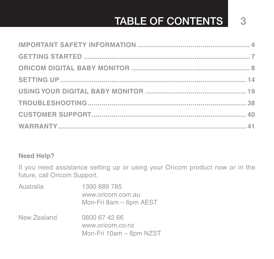 3table of contents | Oricom SECURE 510 User Manual | Page 3 / 46