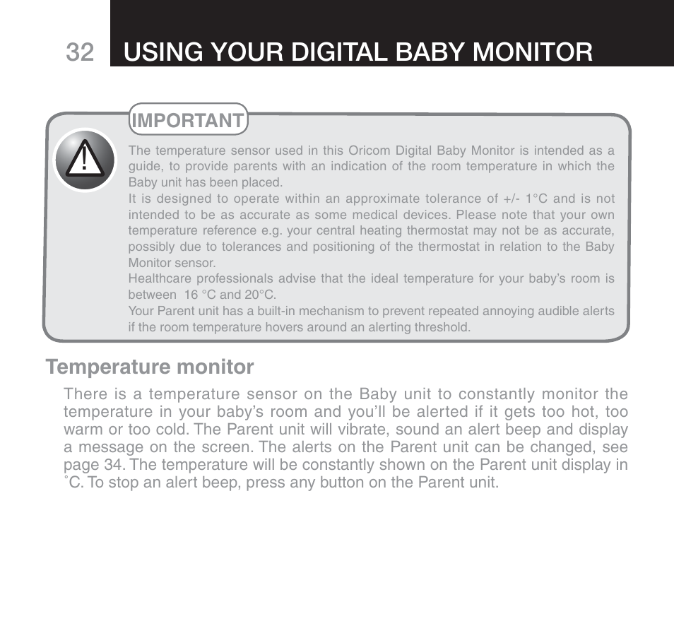 Using your digital baby monitor | Oricom SECURE 510 User Manual | Page 32 / 46
