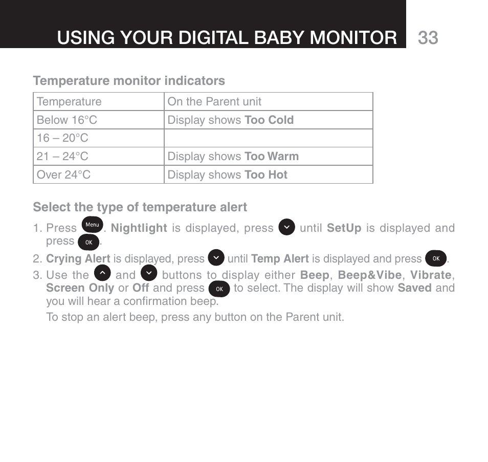 Using your digital baby monitor | Oricom SECURE 510 User Manual | Page 33 / 46