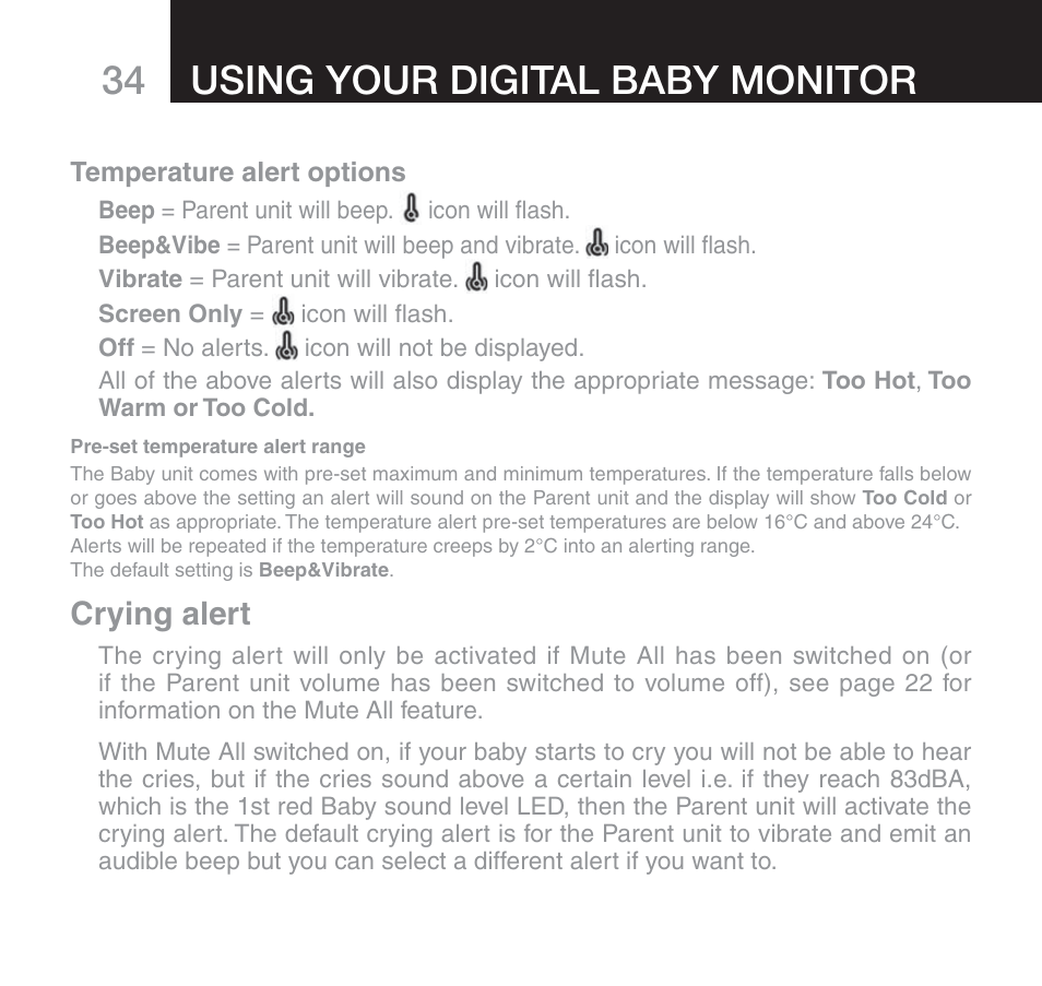 Using your digital baby monitor, Crying alert | Oricom SECURE 510 User Manual | Page 34 / 46