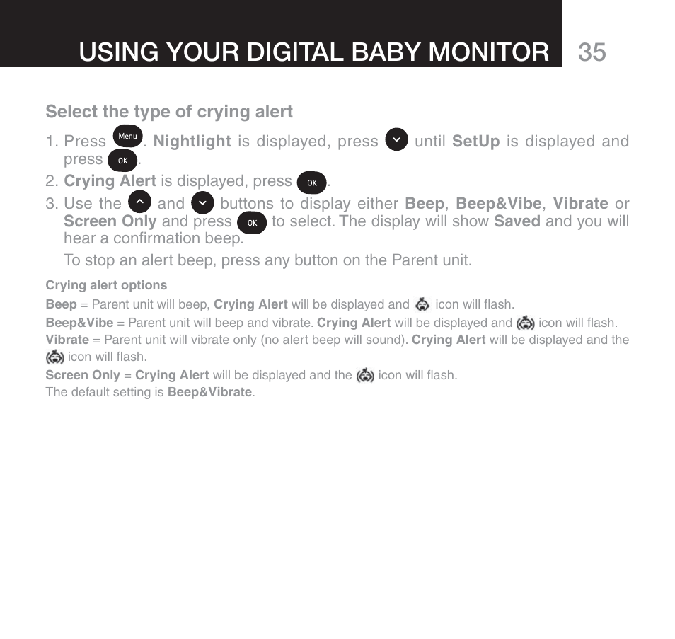 Using your digital baby monitor | Oricom SECURE 510 User Manual | Page 35 / 46