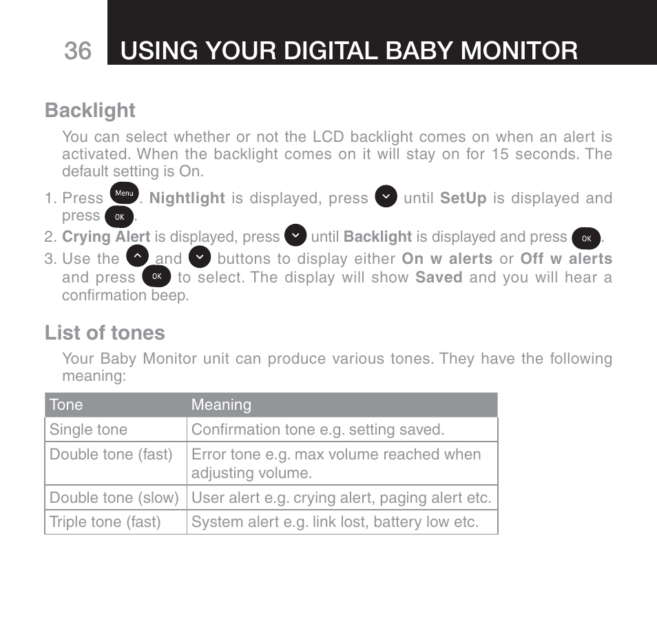 Using your digital baby monitor, Backlight, List of tones | Oricom SECURE 510 User Manual | Page 36 / 46