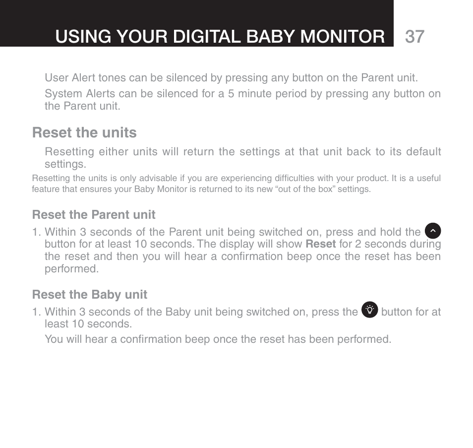 Using your digital baby monitor, Reset the units | Oricom SECURE 510 User Manual | Page 37 / 46
