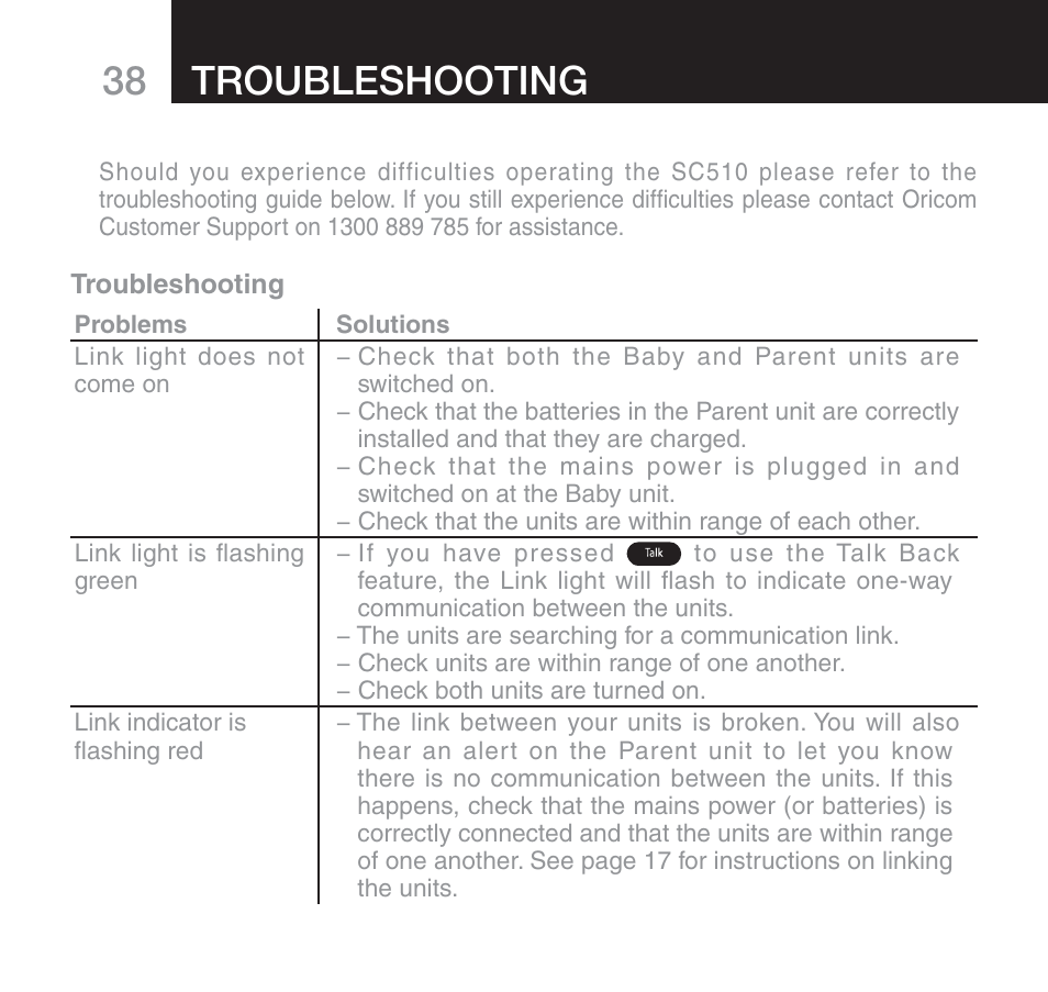 38 troubleshooting | Oricom SECURE 510 User Manual | Page 38 / 46