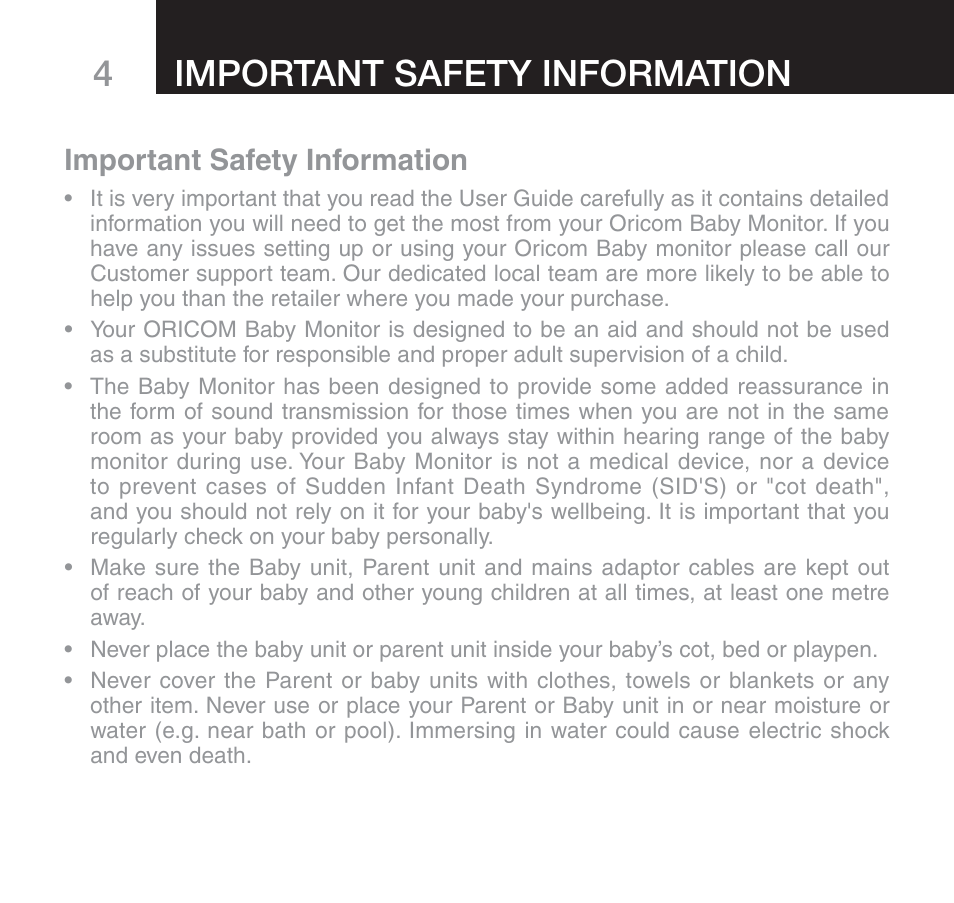 4important safety information, Important safety information | Oricom SECURE 510 User Manual | Page 4 / 46