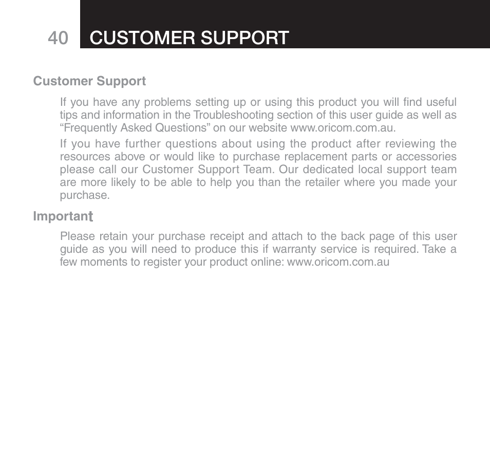 40 customer support | Oricom SECURE 510 User Manual | Page 40 / 46