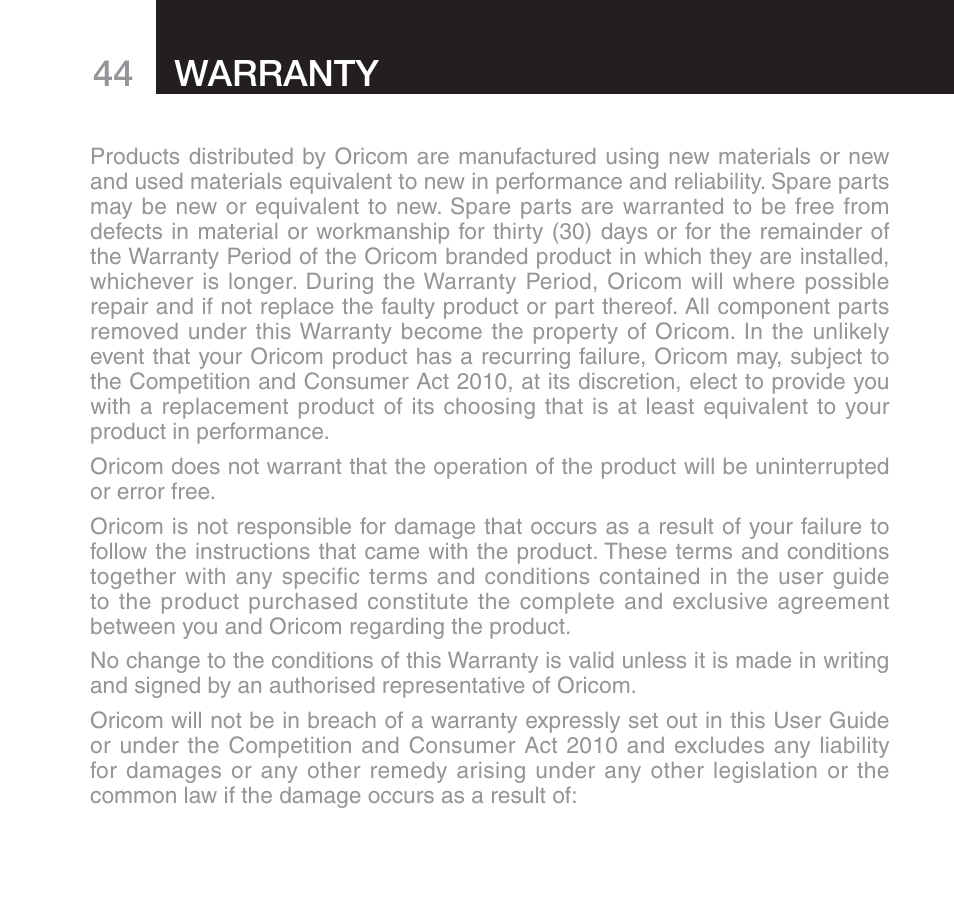 44 warranty | Oricom SECURE 510 User Manual | Page 44 / 46