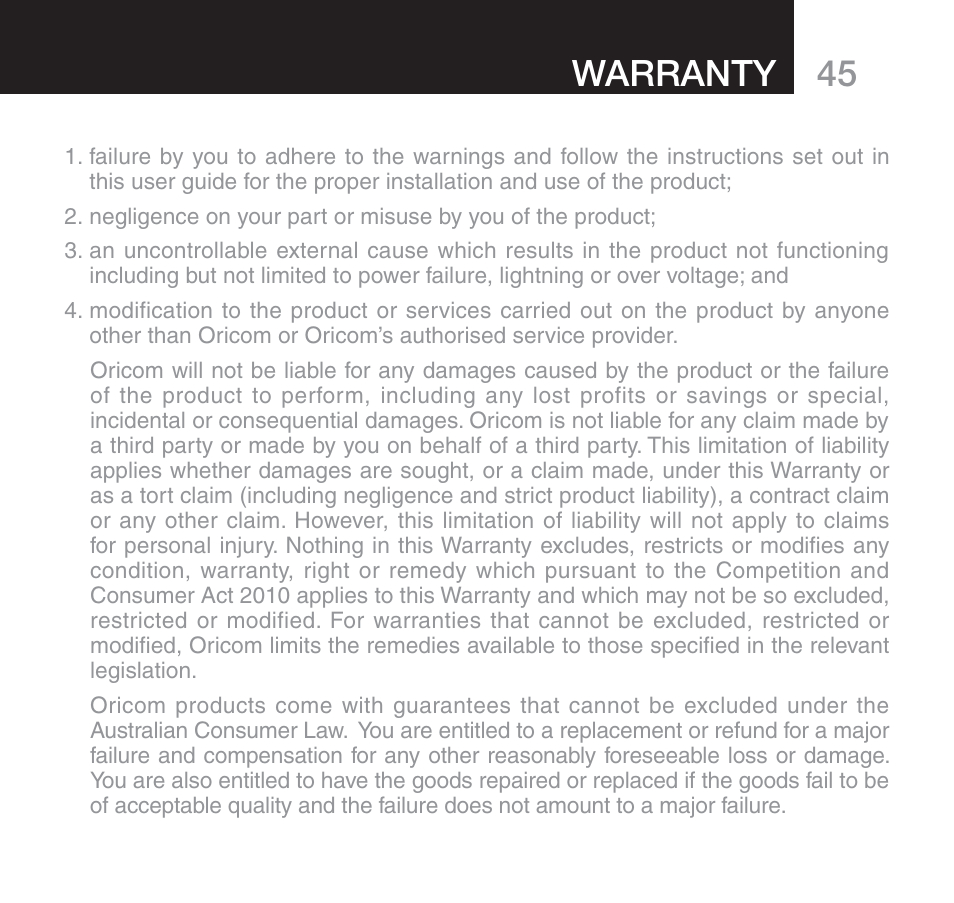 Warranty 45 | Oricom SECURE 510 User Manual | Page 45 / 46