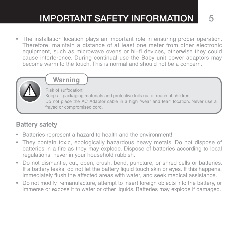5important safety information | Oricom SECURE 510 User Manual | Page 5 / 46