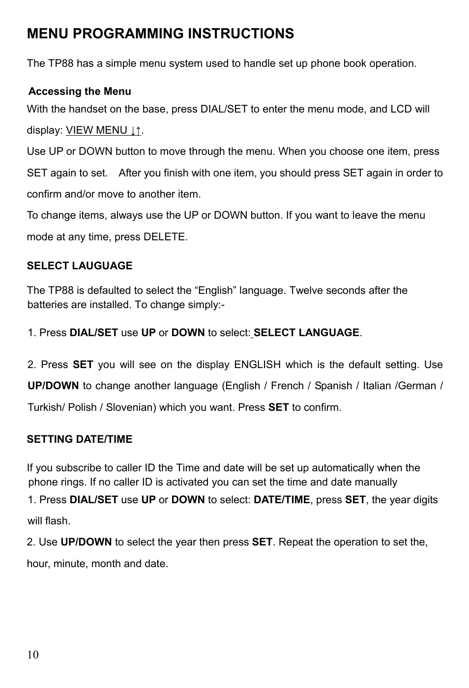 Menu programming instructions | Oricom TP88 User Manual | Page 10 / 20