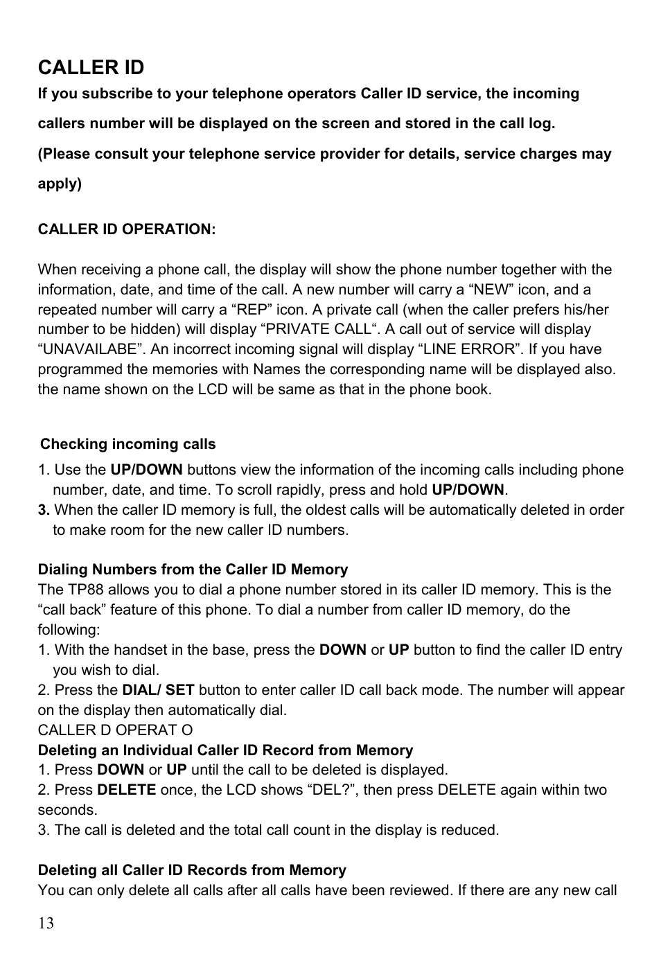 Caller id, Dialing numbers from the caller id memory, Deleting all caller id records from memory | Oricom TP88 User Manual | Page 13 / 20