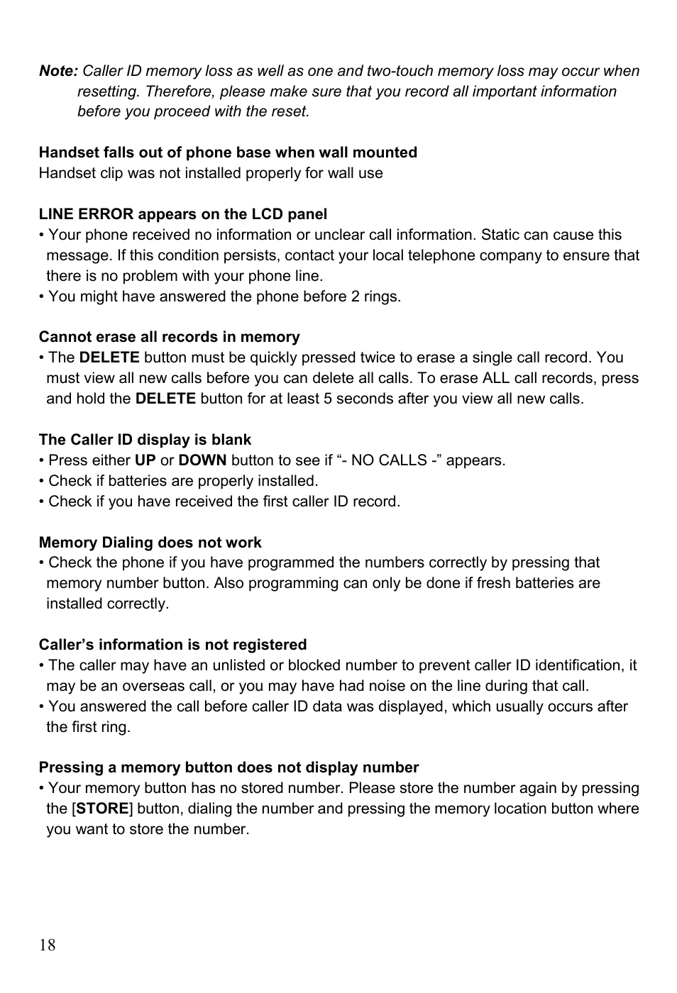 The caller id display is blank, Memory dialing does not work | Oricom TP88 User Manual | Page 18 / 20