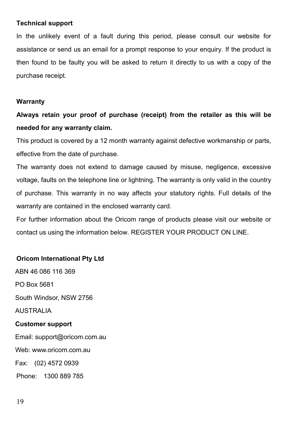 Oricom TP88 User Manual | Page 19 / 20